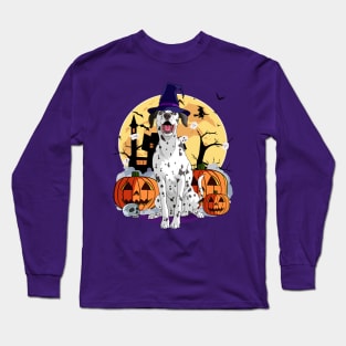 Dalmatian Scary Dog Halloween Witch Pumpkin Long Sleeve T-Shirt